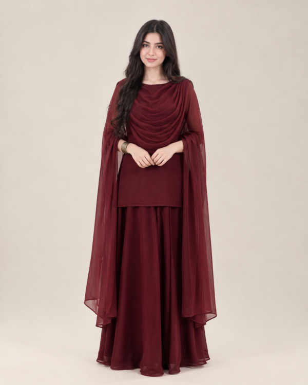 Burgundy Draped Chiffon - Stitched